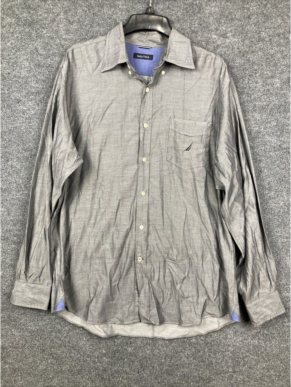 Nautica Mens Large Dark Gray Button Up Pocket L/S 100% Cotton Dress Shirt EUC
